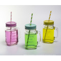 Clear 16oz Square Glass Mason Jar with Handle and Straw